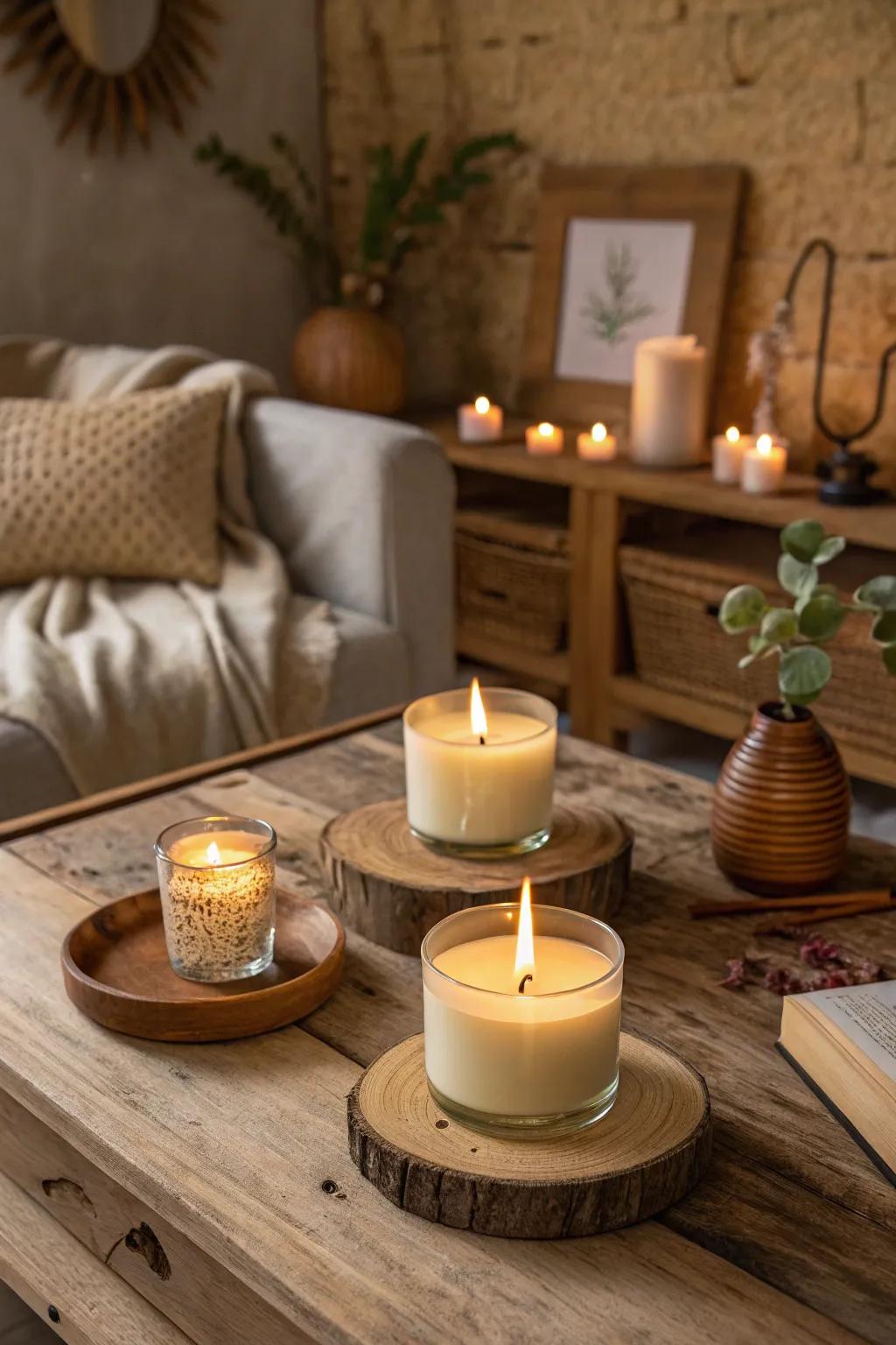 A snug ambiance generated by timber wick candles.