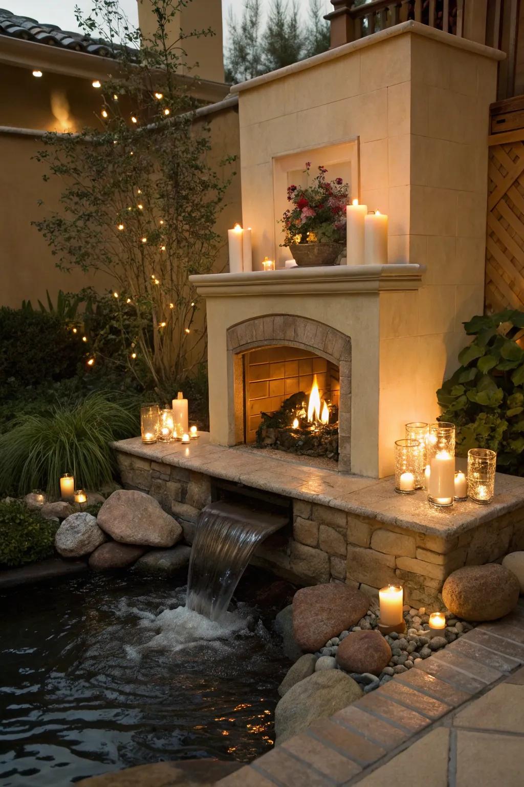 Candles with a water feature create a serene and calming fireplace ambiance.