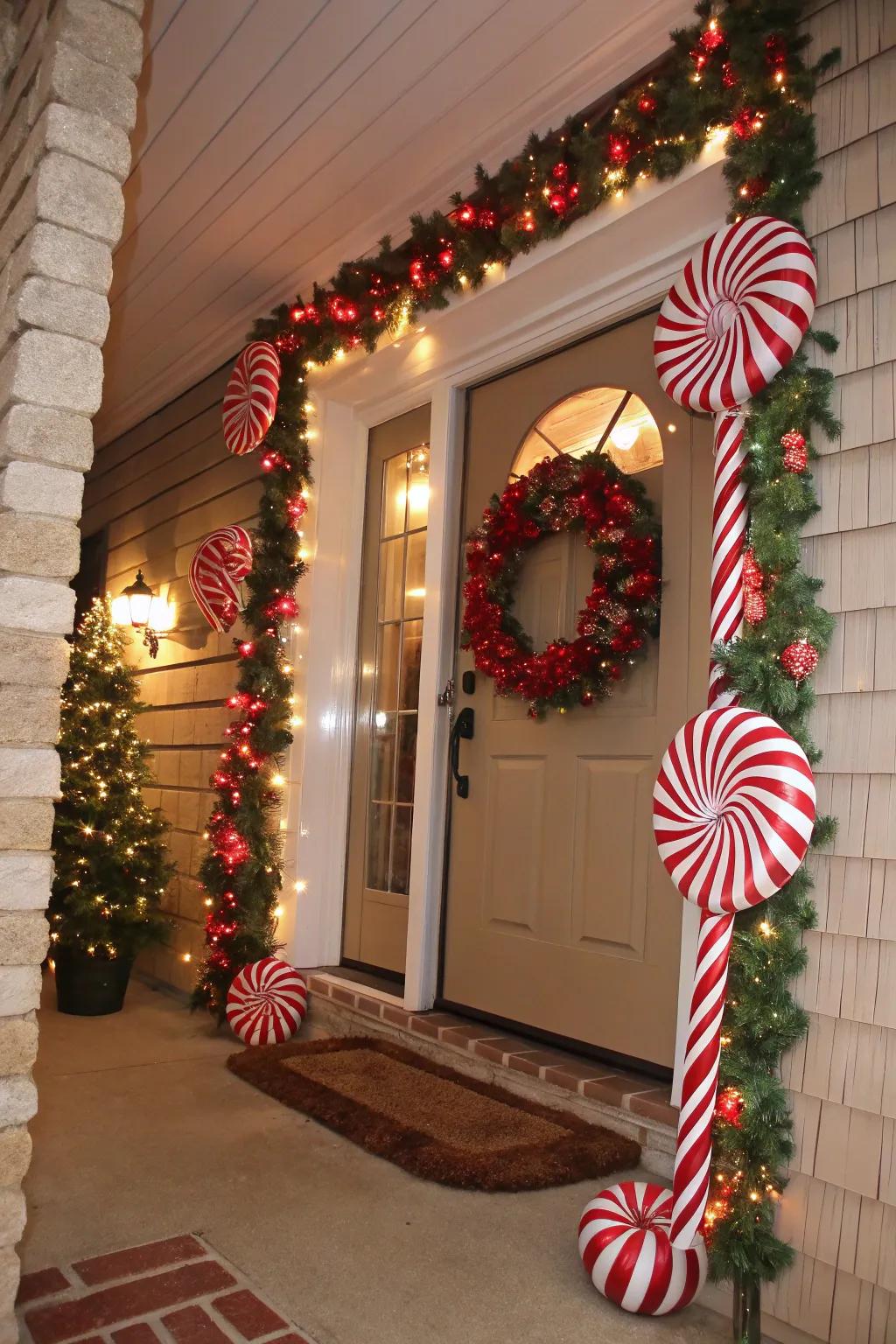 Greet your visitors with holiday glee with peppermint stick entryway decor.
