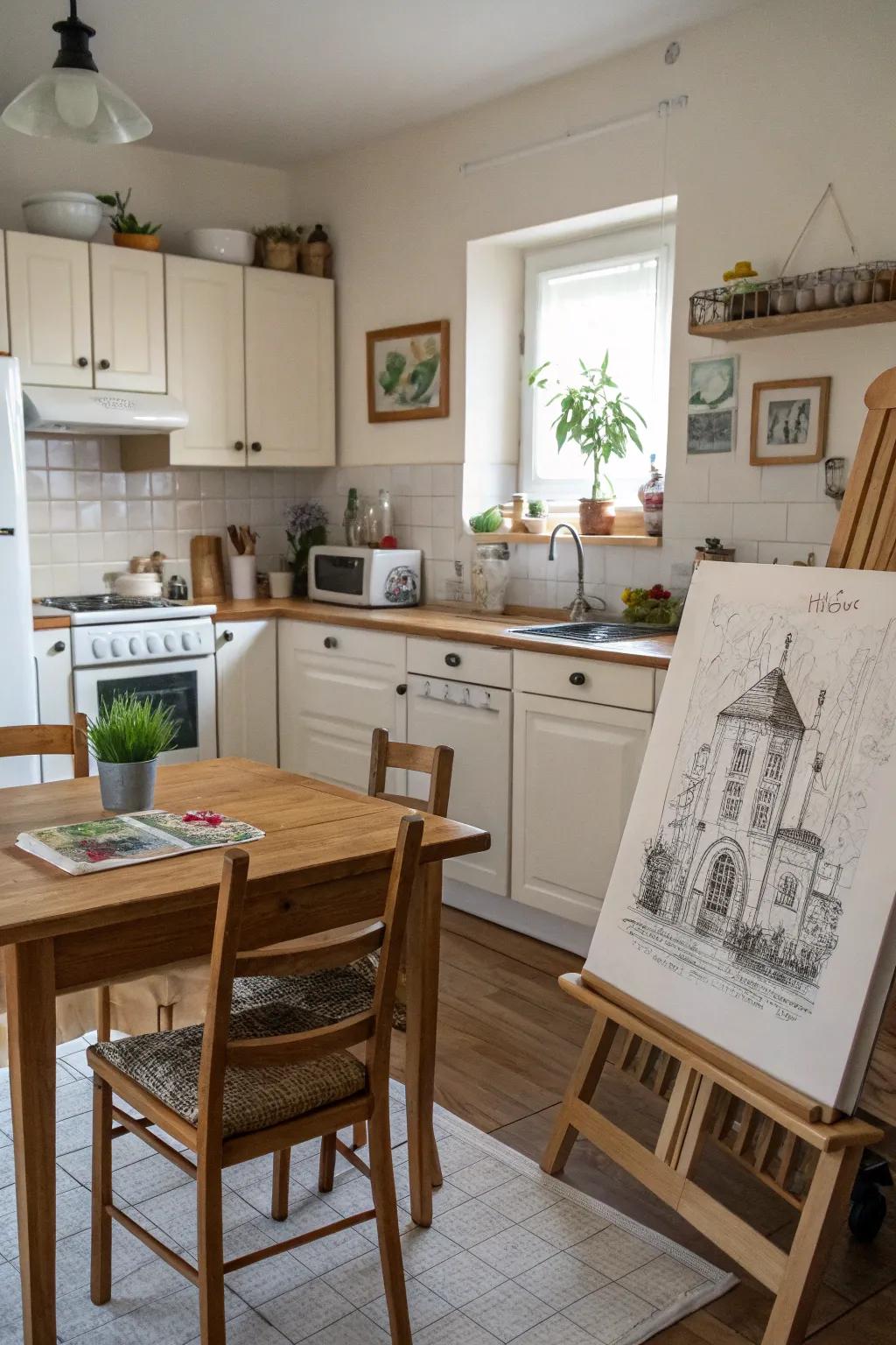 Sketch-style canvas in a cozy kitchen