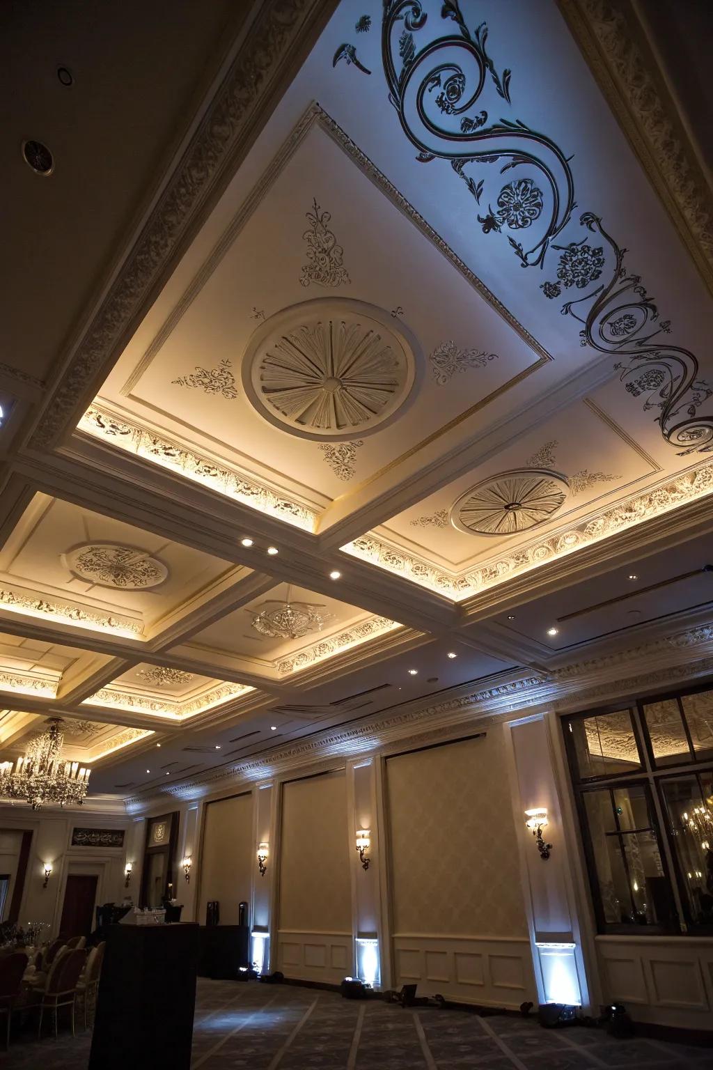 A room with accent lighting that emphasizes the ceiling’s design.