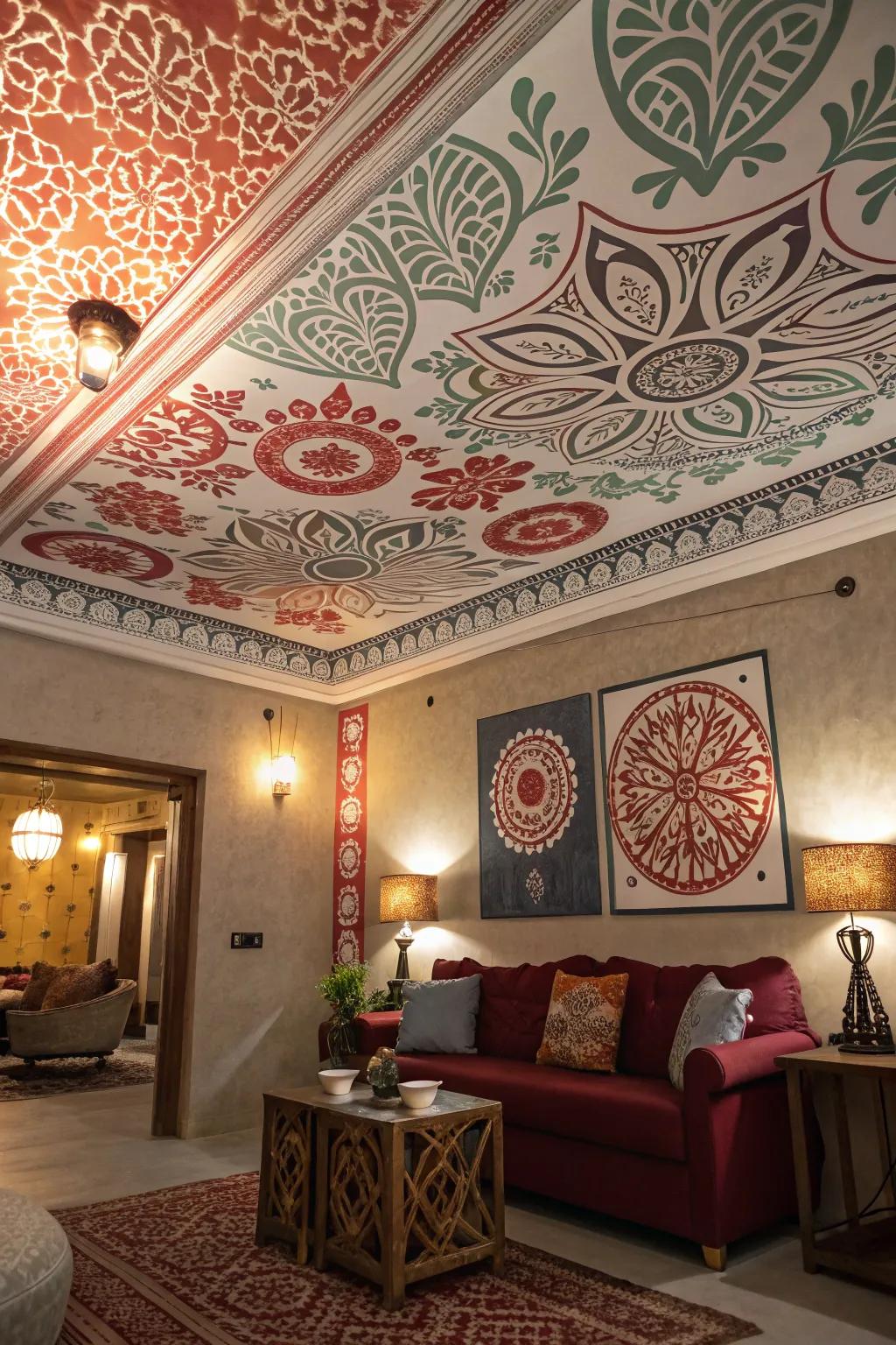 Creative expression using striking patterned ceiling designs.