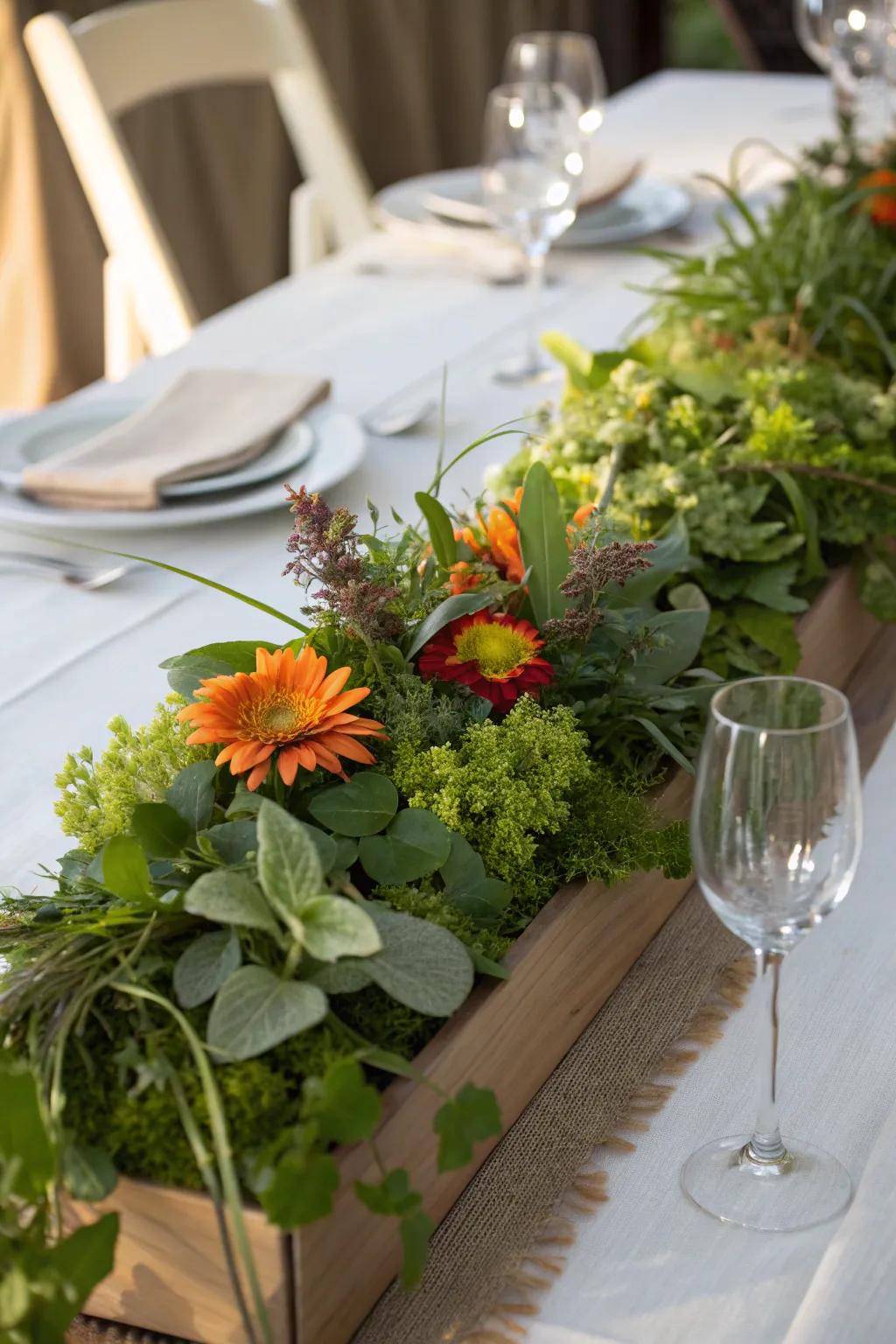 Inventive tablescape runner as a bold centerpiece.