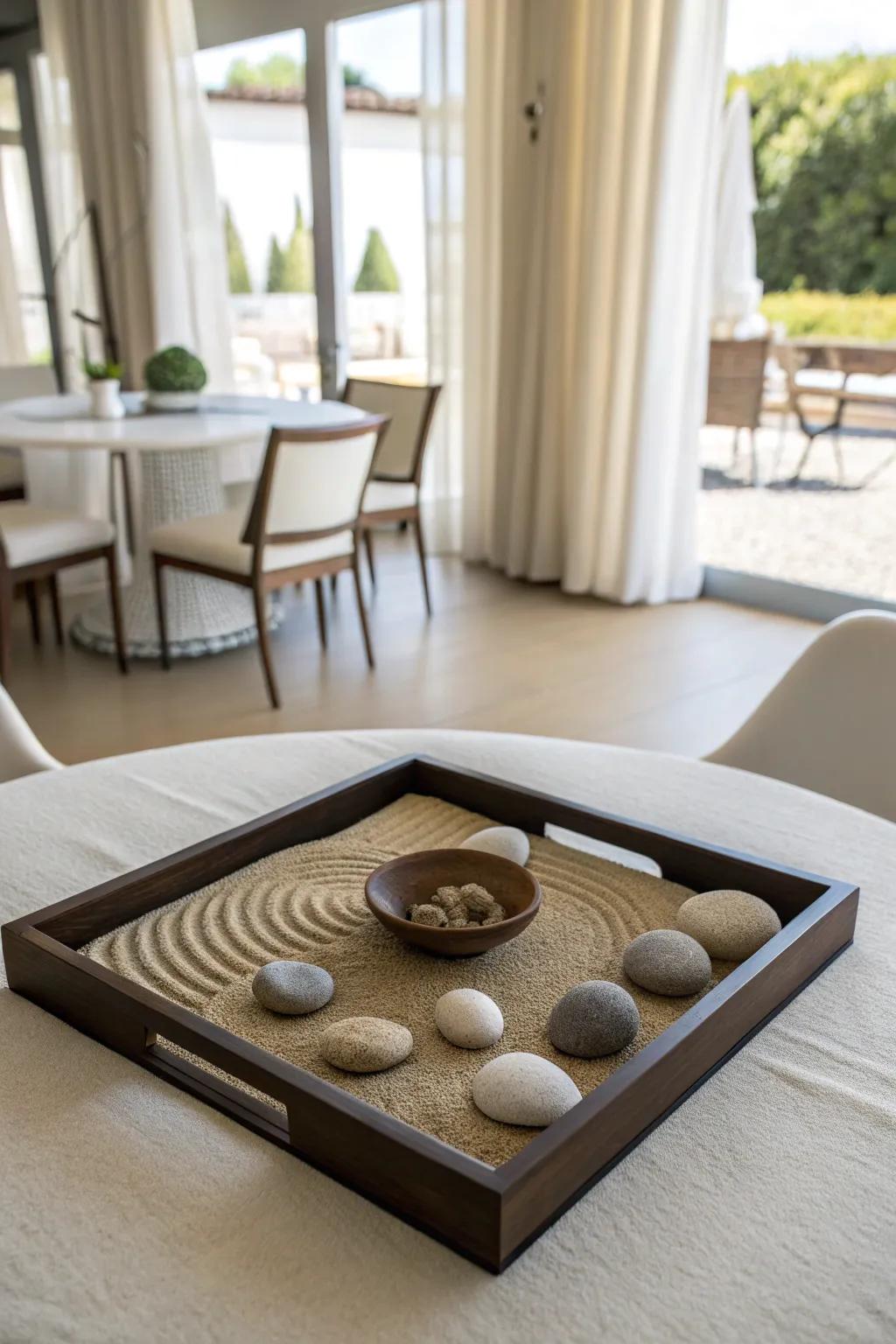 Minimalist Zen elements create a calming and tranquil centerpiece.