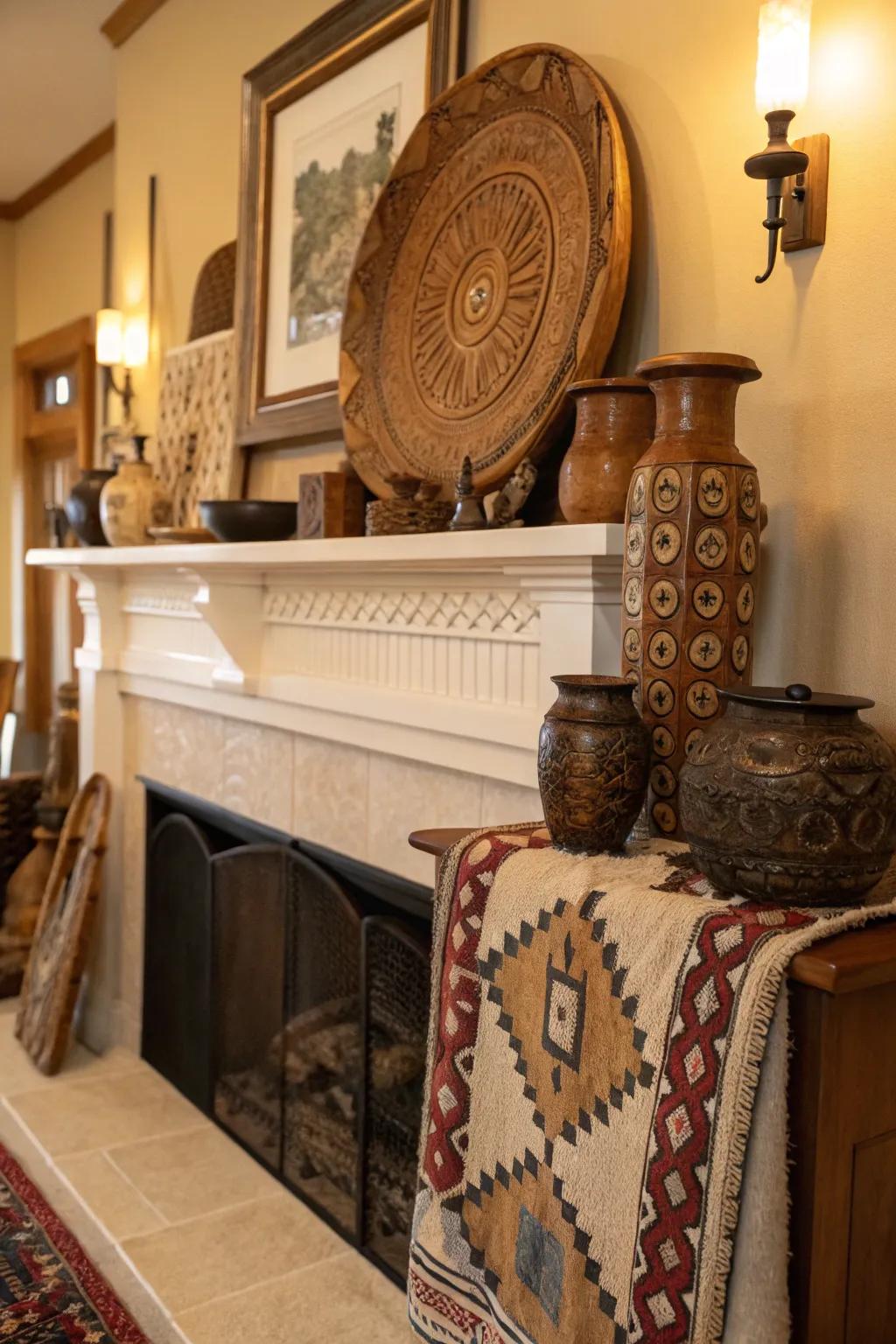 Artisan pieces shown on the mantel add warmth and a story of craftsmanship.