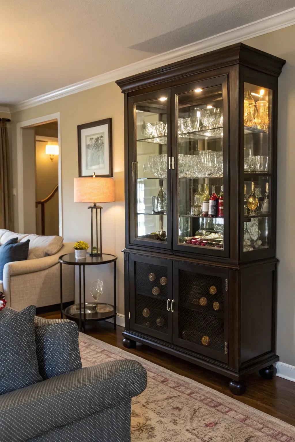 Display case transformed into a stylish bar cabinet.