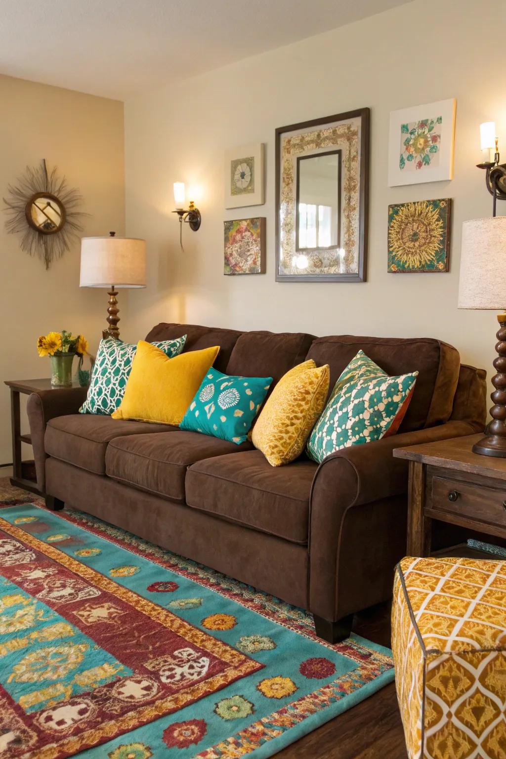 Unexpected splashes of color add energy and vibrancy to a cocoa sofa setting.