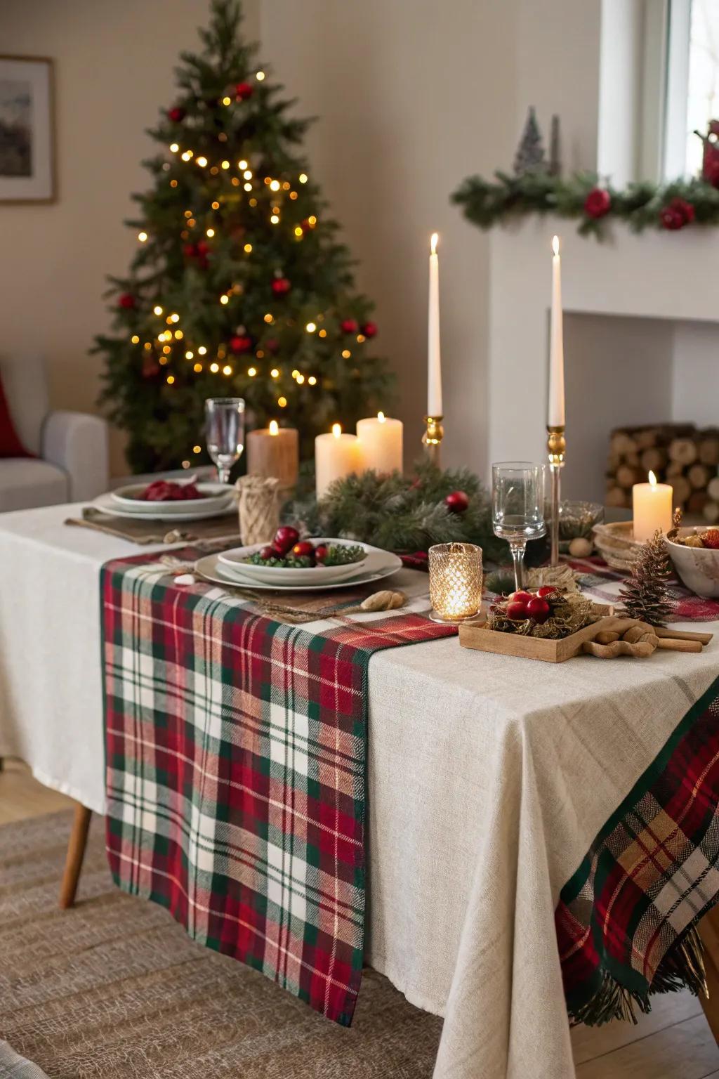 Patterned throws as tablecloths add warmth and style to the table.
