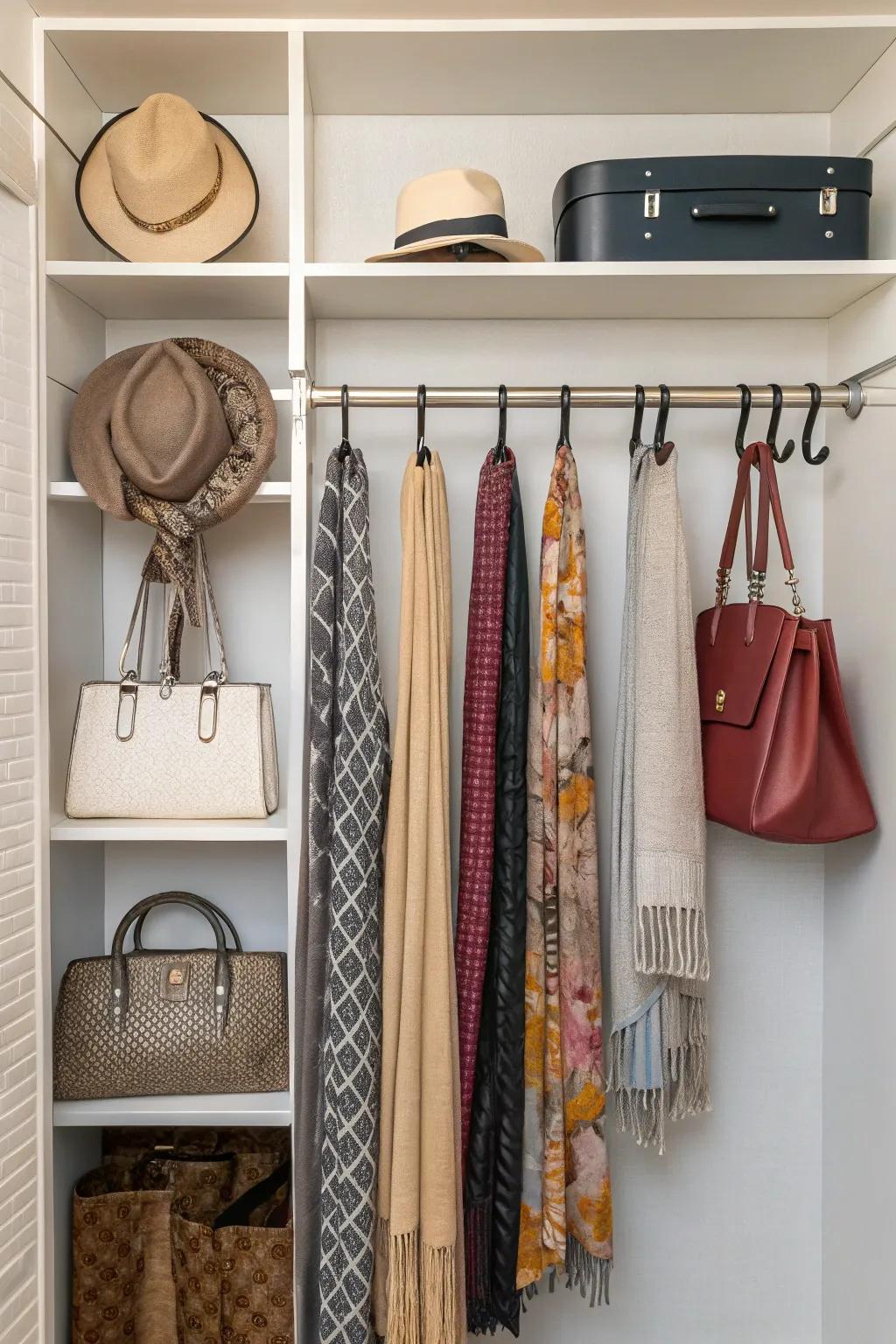 Integrated hooks offer versatile accessory storage in closets.