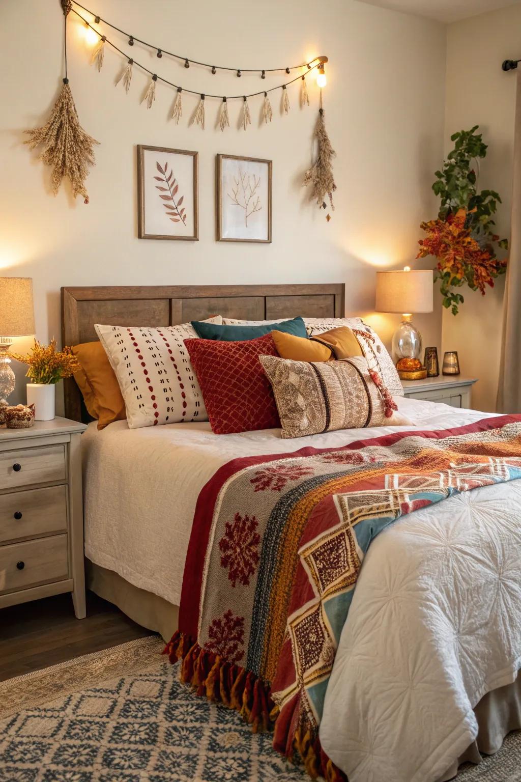 Seasonal accents add variety and freshness to this color-drenched bedroom.