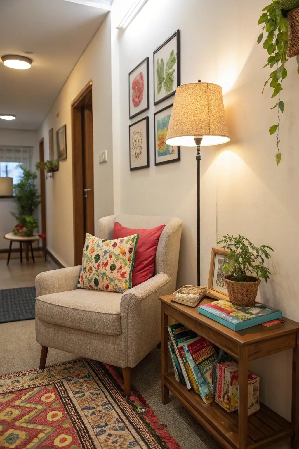 A cozy nook can turn a hallway corner into a favorite retreat.