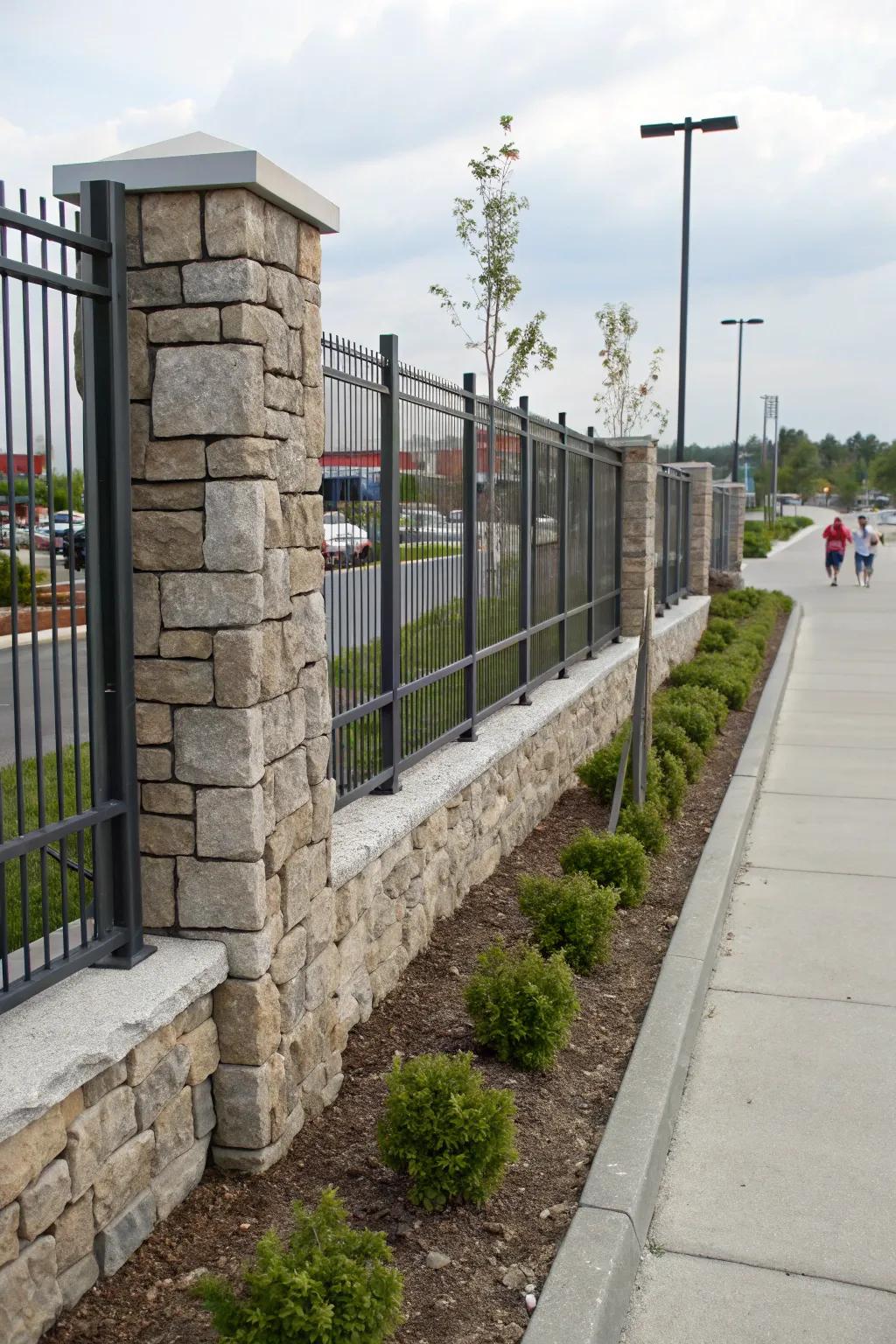 Rock and alloy create a robust and stylish fence.