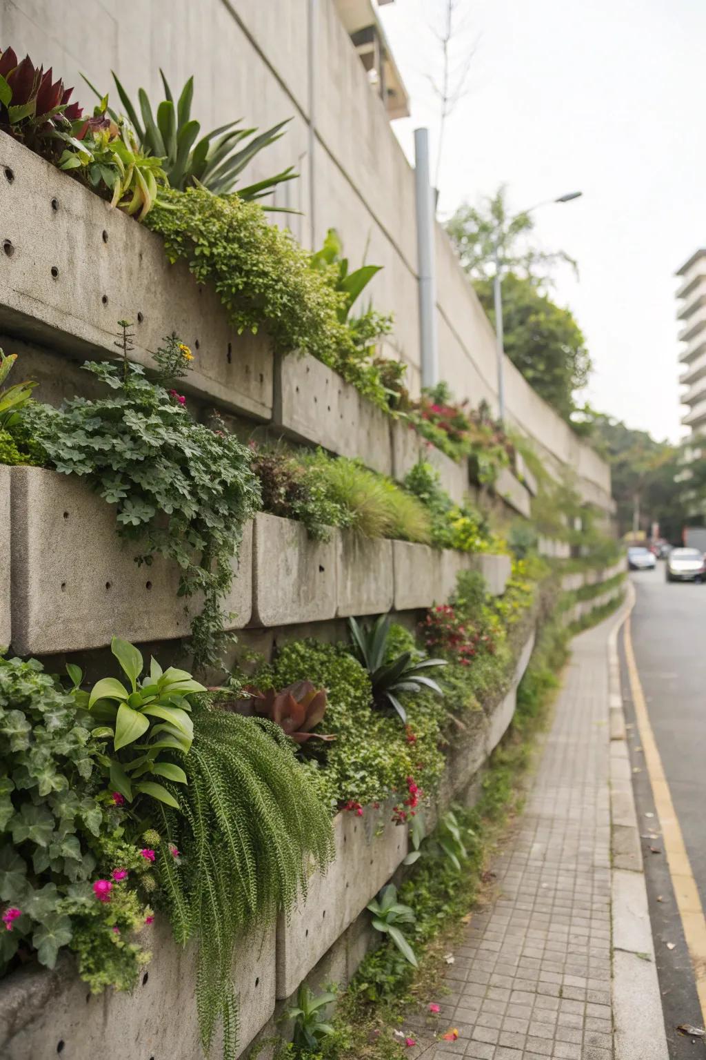 Vertical garden structures maximize space and greenery.