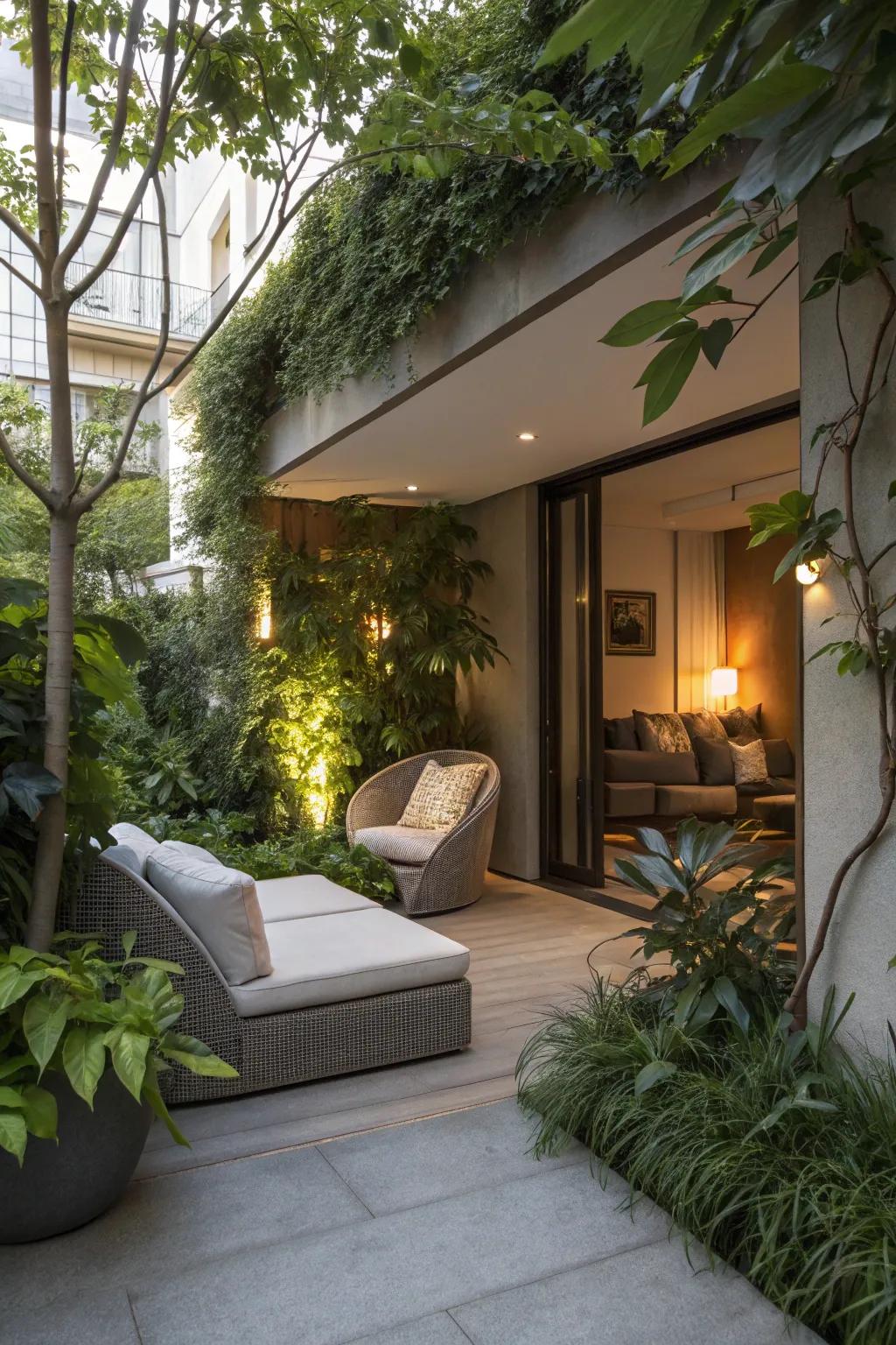 A hidden nook offering privacy and tranquility on a patio.