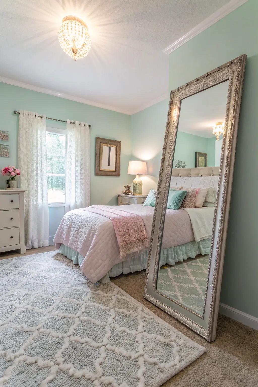 A showpiece mirror enhances light and space in the bedroom.
