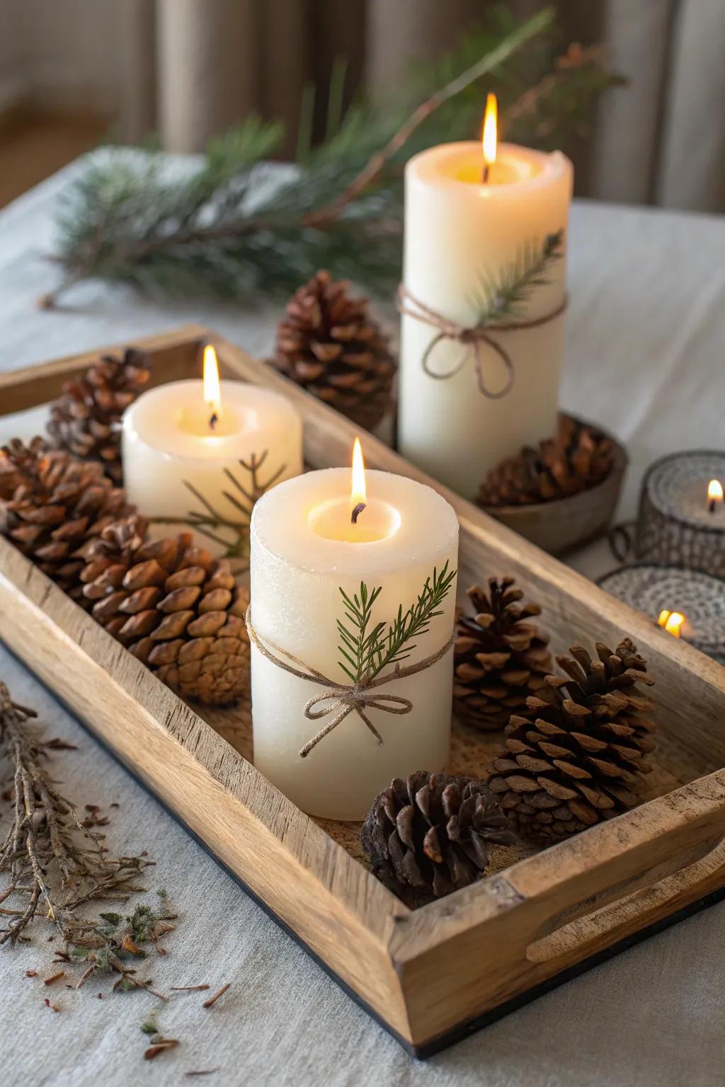 Natural twig candles introduce the outdoors inside.
