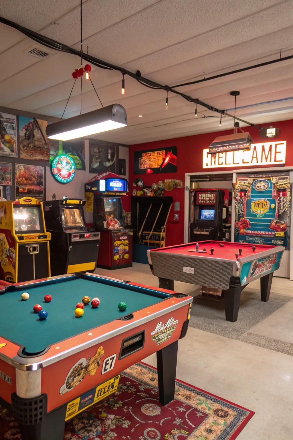 A lively game room setup in a garage.