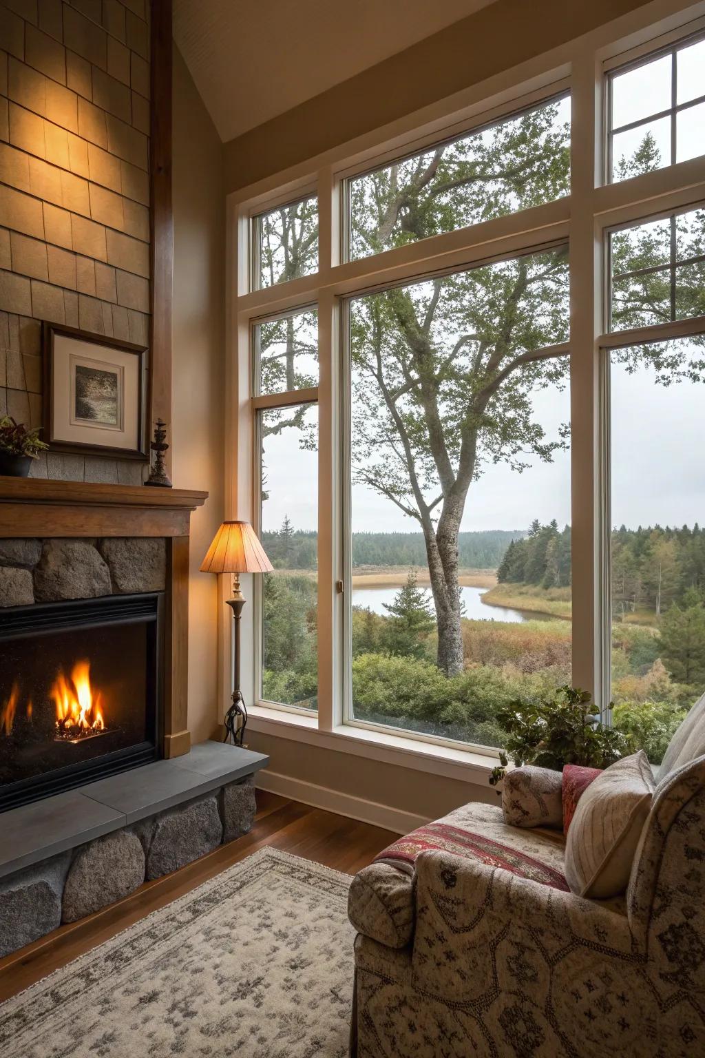 A corner fireplace set to enjoy captivating scenic views.