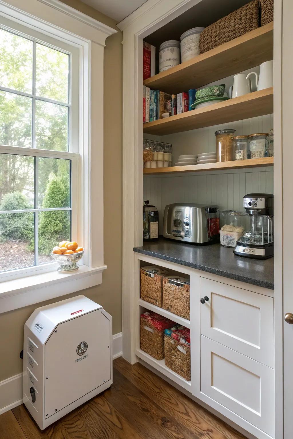 A small appliance area inside a corner pantry for ease.