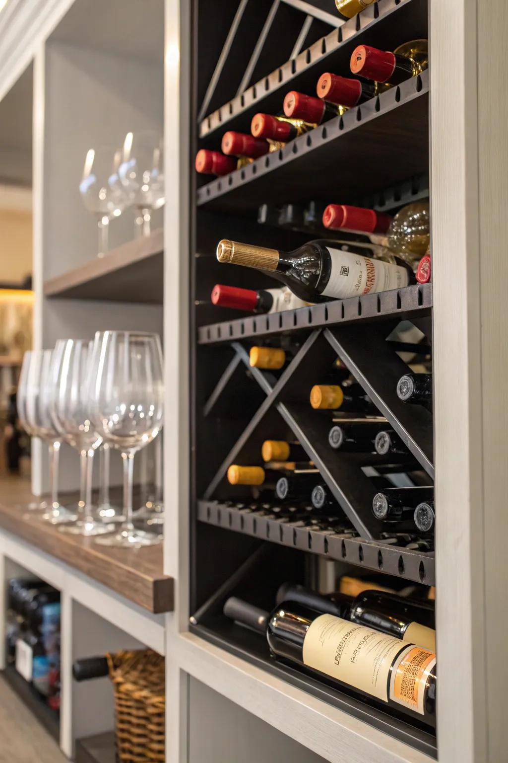 A corner shelf transformed into a wine rack.