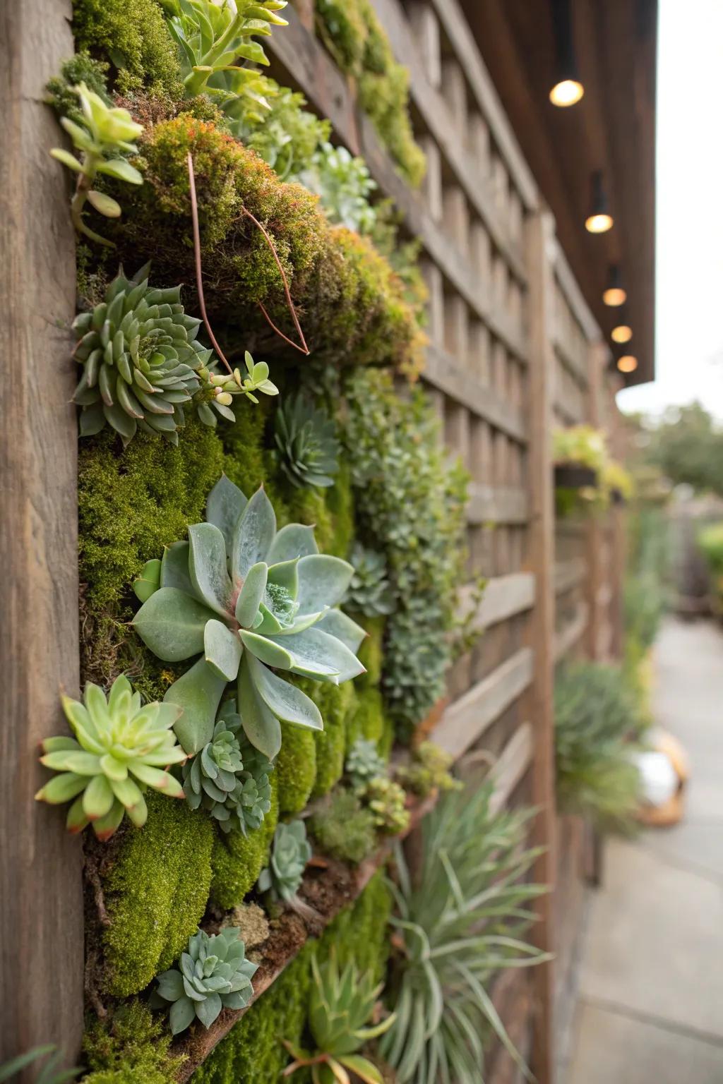 A living wall trellis teeming with moss and succulents.