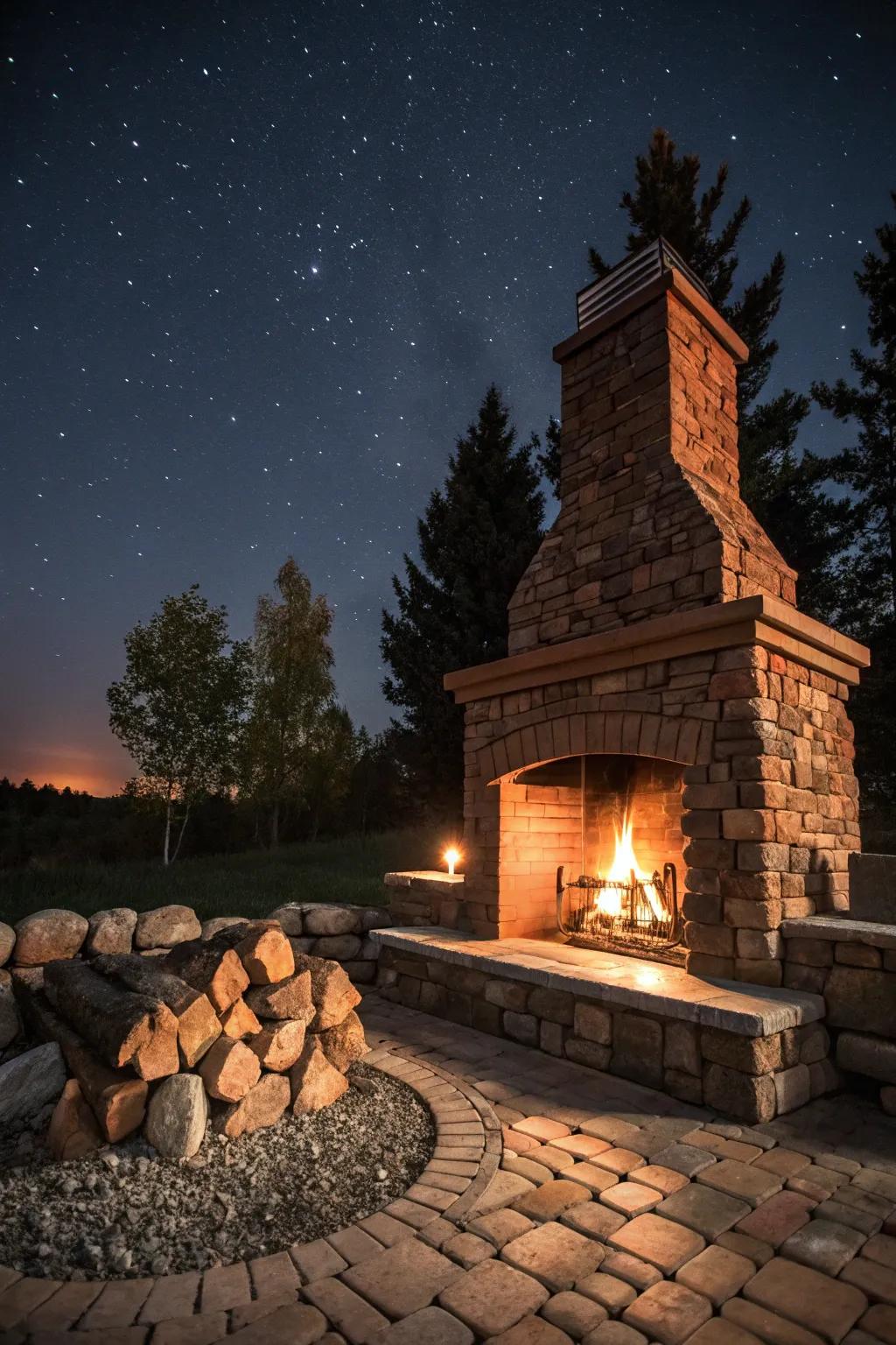 An outdoor hearth with a fire pit appends grandeur and warmth to your space.
