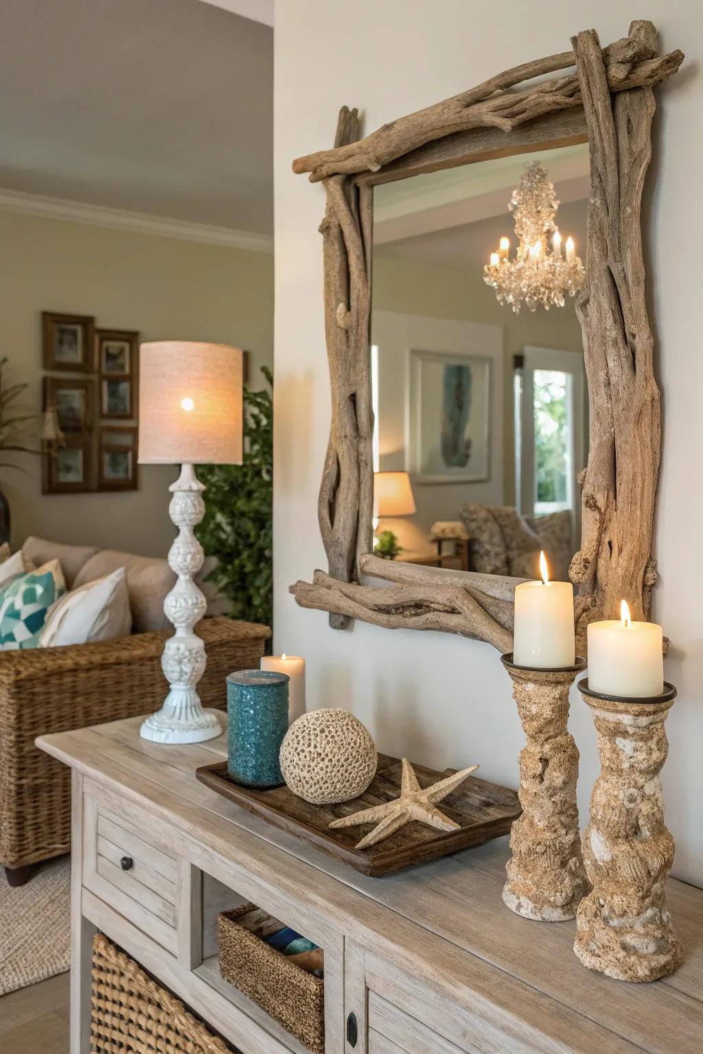Driftwood decor combines homespun charm with seaside elegance.