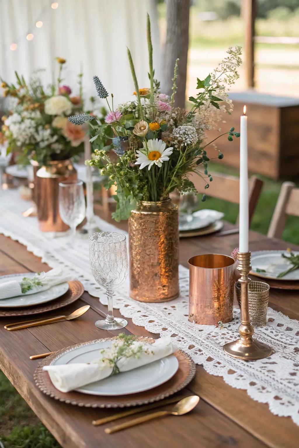 A unrefined wedding platform elegantly adorned with copper accents.