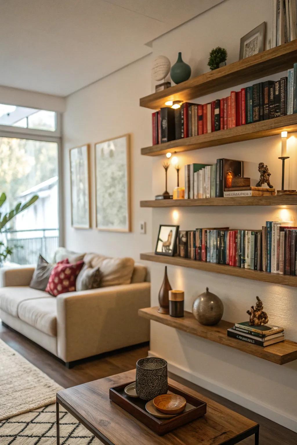 Floating shelves add visual appeal while maximizing space.