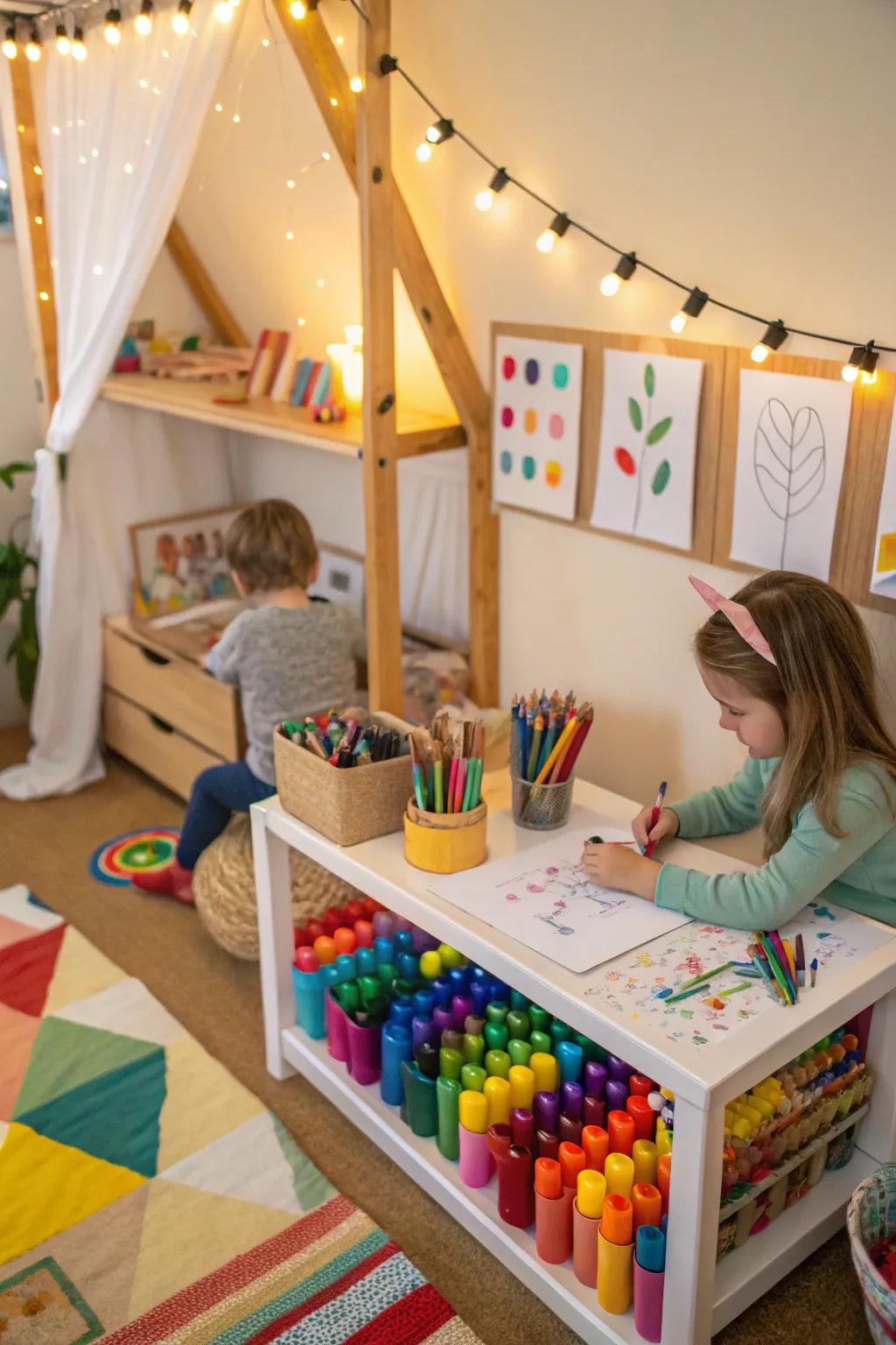 A DIY craft station encourages creativity and self-expression.