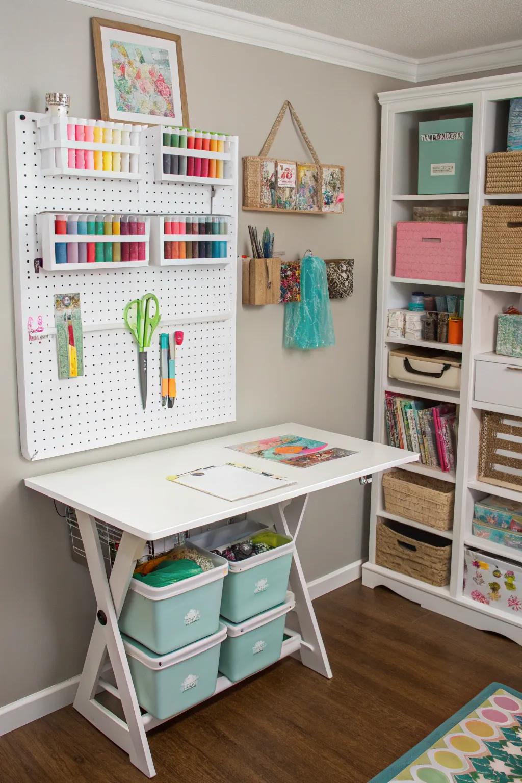 A folding table offers dynamic workspace solutions in small rooms.