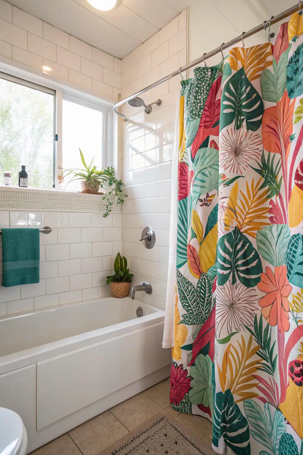 A bathroom highlighted by a vibrant, patterned shower curtain.