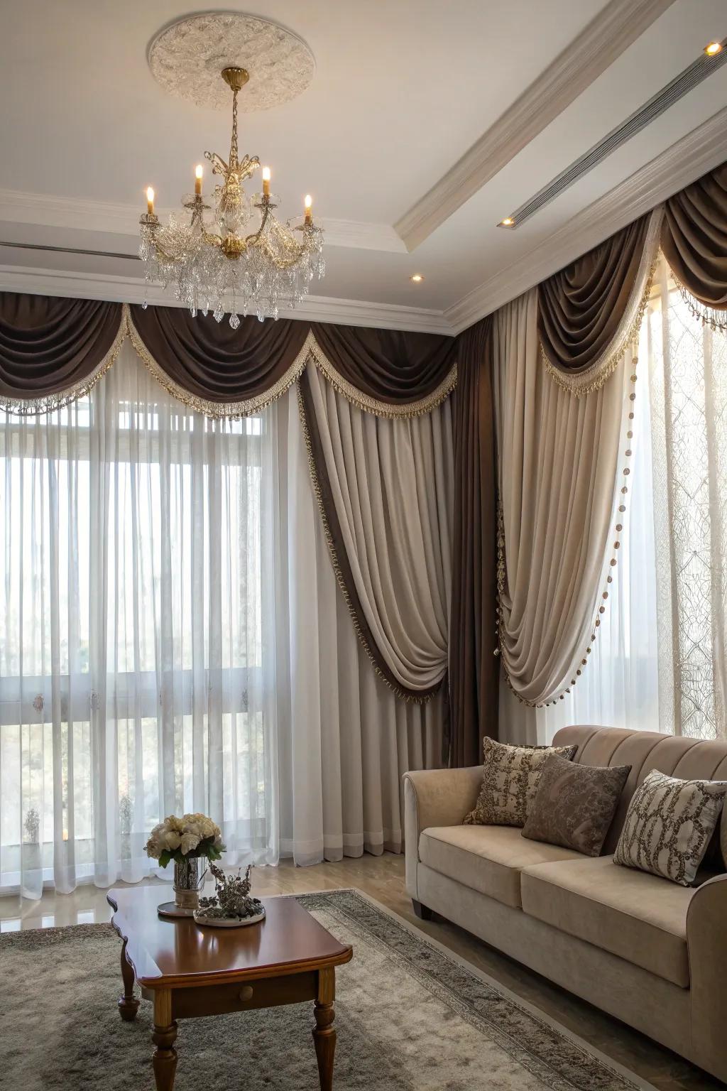 Layered drapes establish an opulent and luxurious sensation.