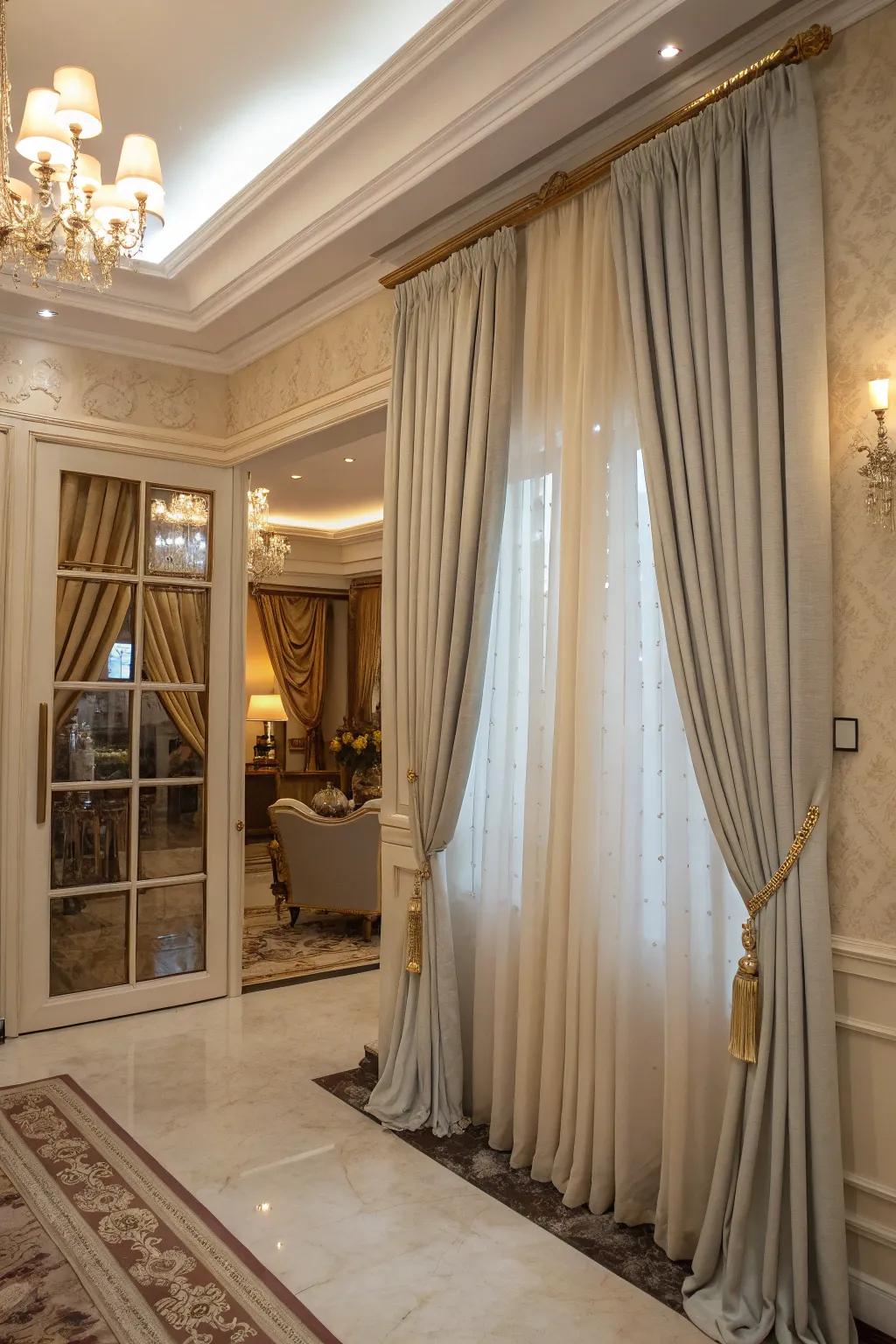 Custom-cut curtain rods provide a seamless and tailored look.