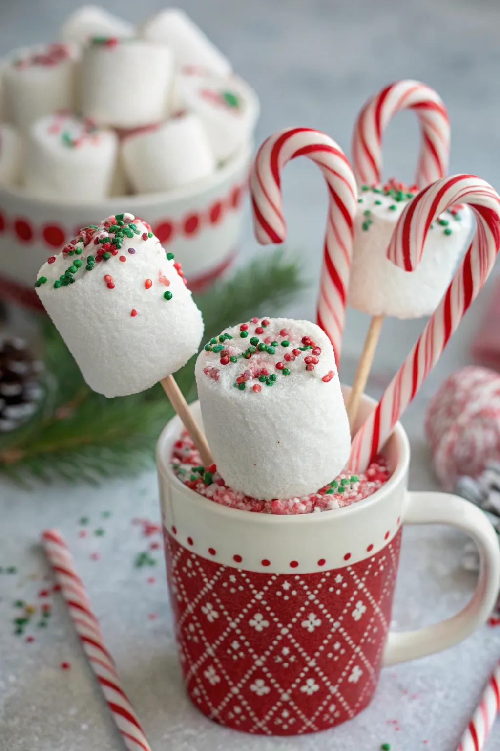 Peppermint stick marshmallow pops which contribute celebratory cheer to any occasion.