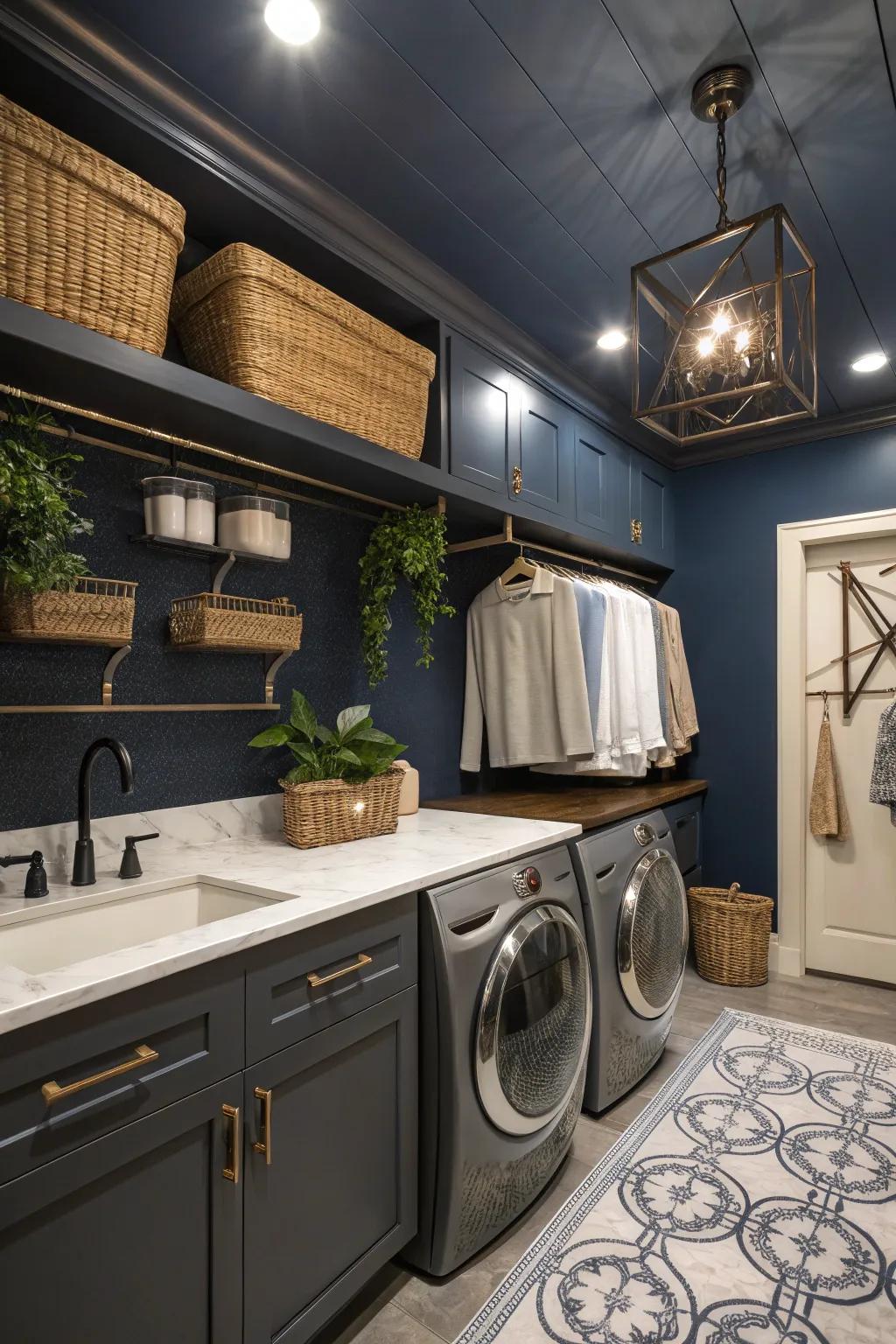 Unexpected elegance in a functional space featuring a deep azure ceiling.