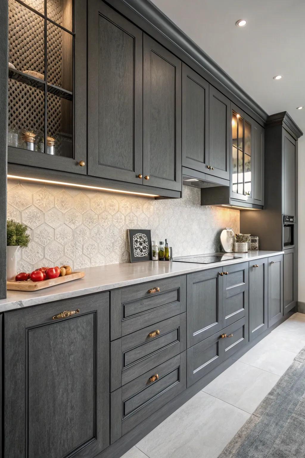 Subtle textures enhancing the dimension and elegance of deep charcoal cabinets.