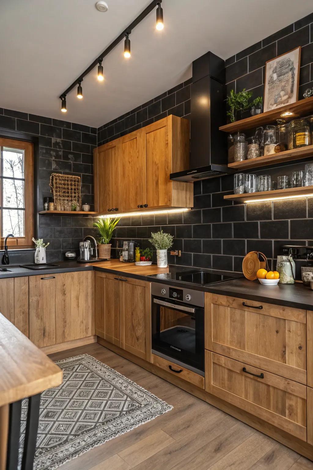 A harmonious kitchen featuring a blend of dark backsplash and wooden elements.