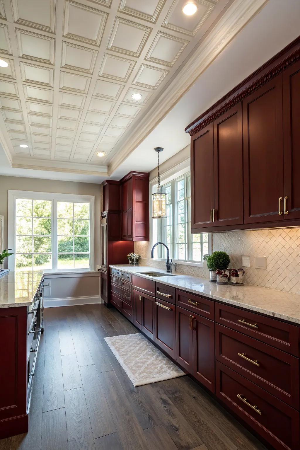 Intriguing kitchen with a uniquely painted ceiling and dark red cabinets.