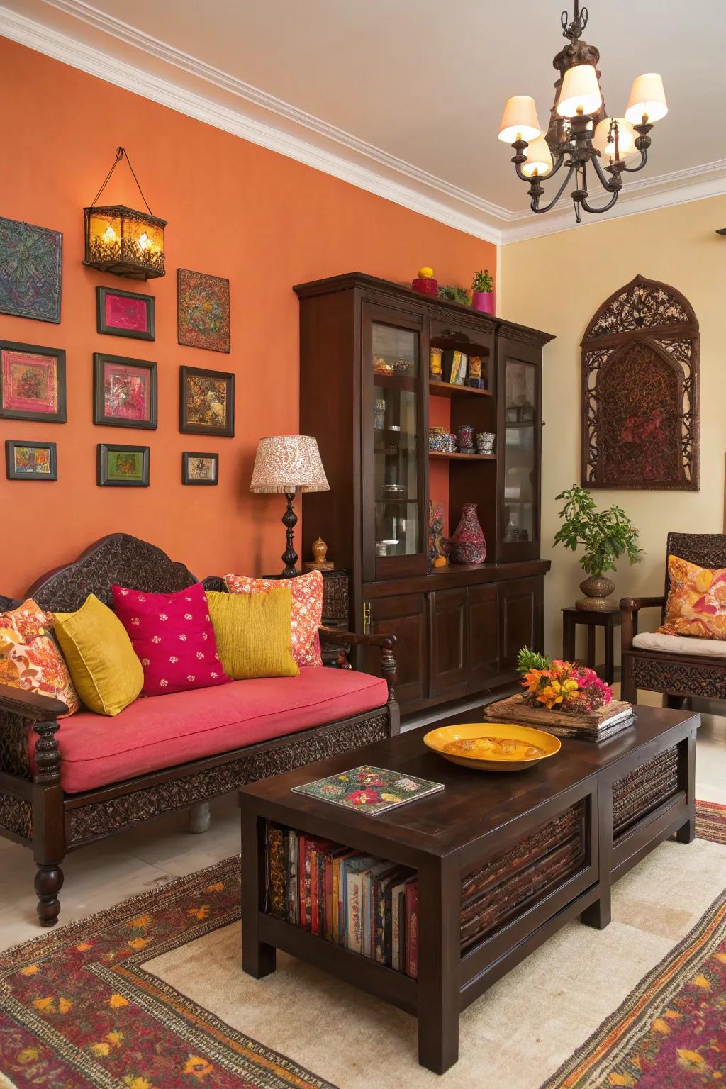 Colorful features bring energy to deep-toned wood spaces.