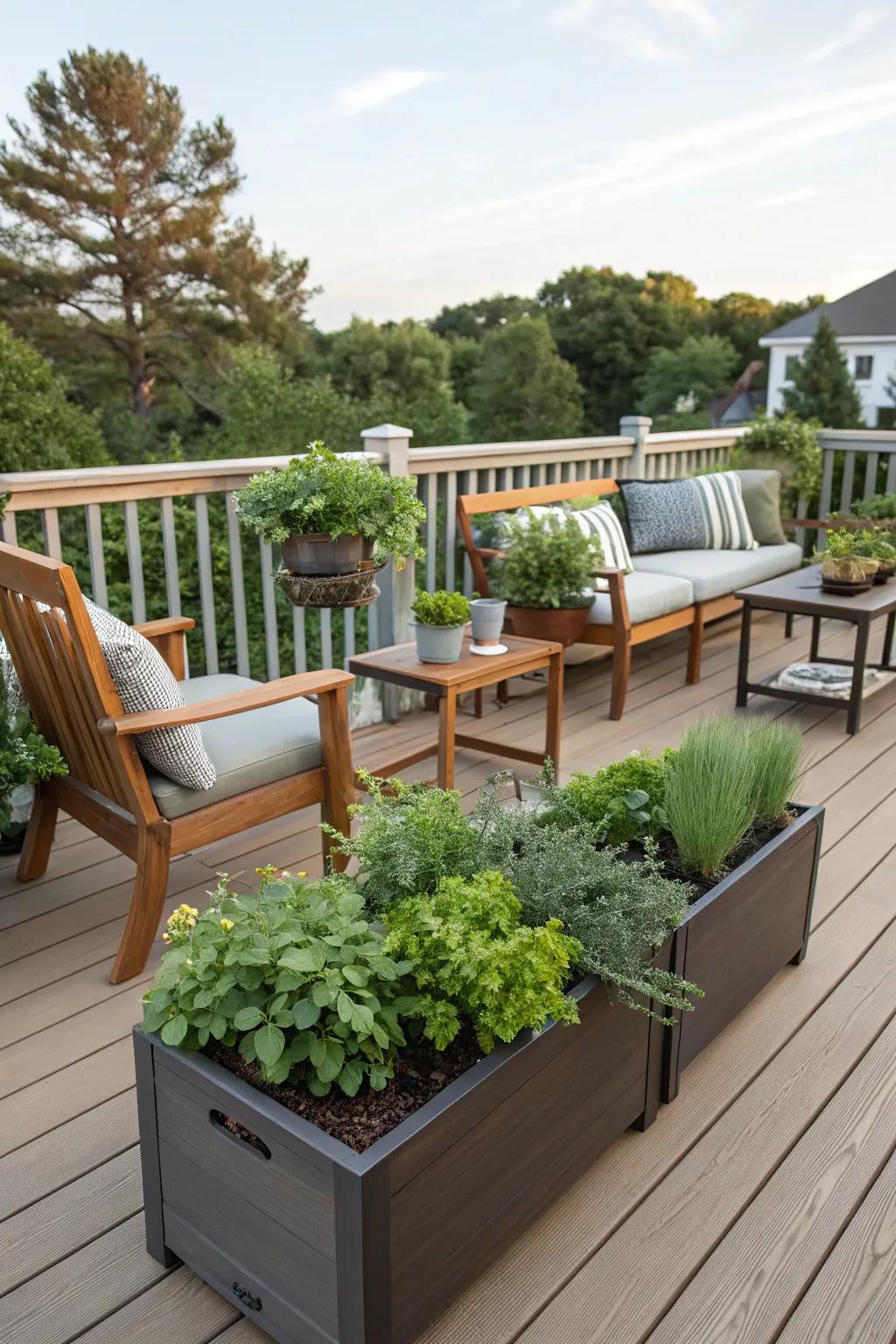 Relax in style with seating that features herb planters.