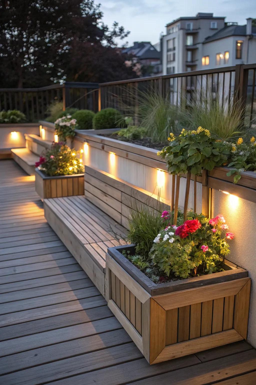 Evening charm with lit seats and greenery.