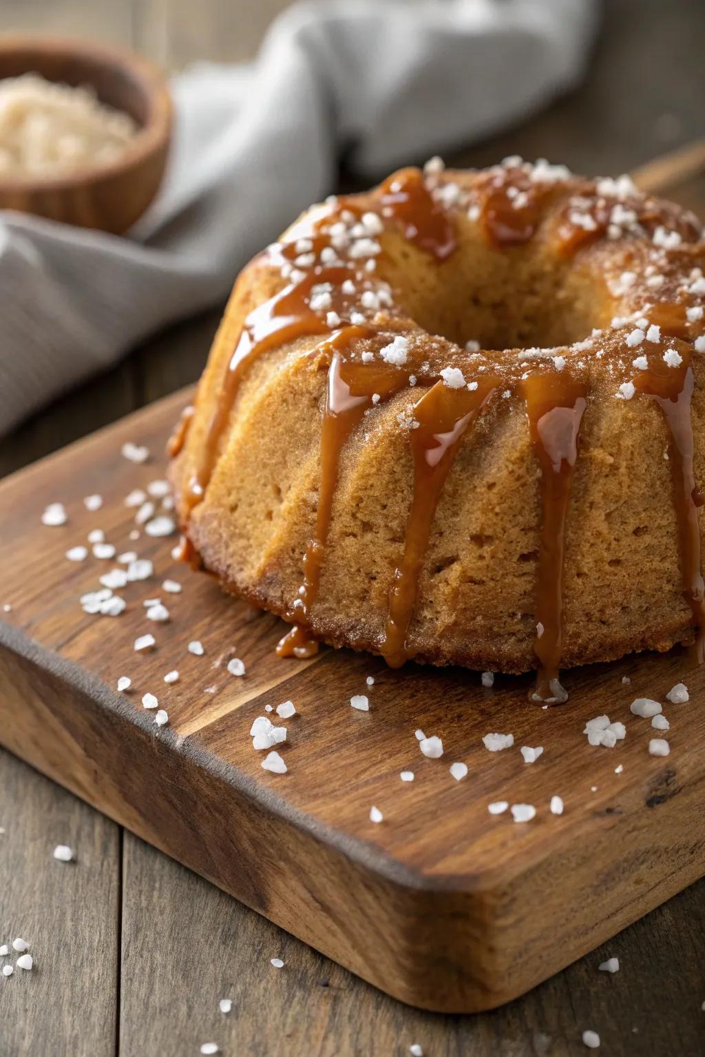 A bundt cake with a rich caramel drizzle and sea salt.