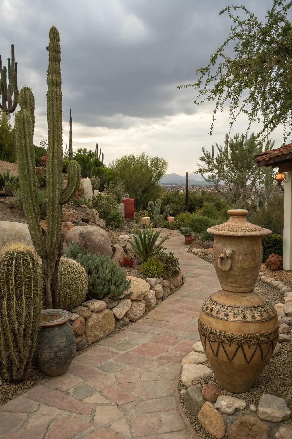 Desert-inspired art pieces adding personality to the landscape.