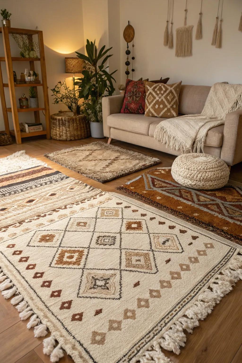 A room with overlaid floor mats that enhance texture and warmth.