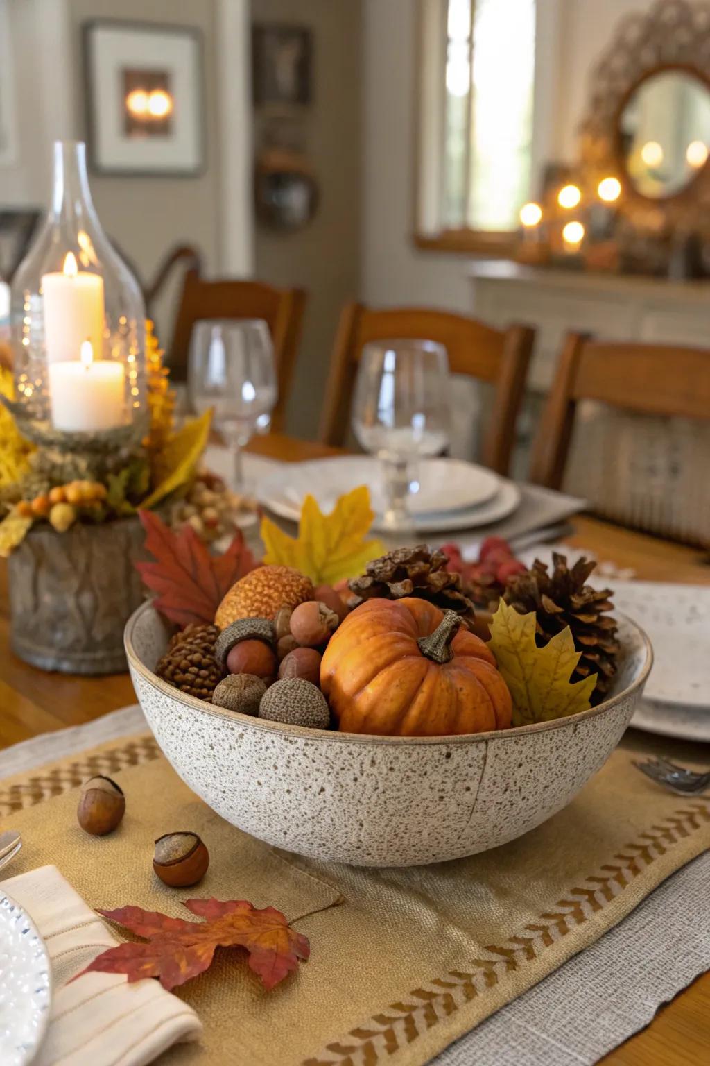 A dining table highlighting a textured bowl as its centerpiece.