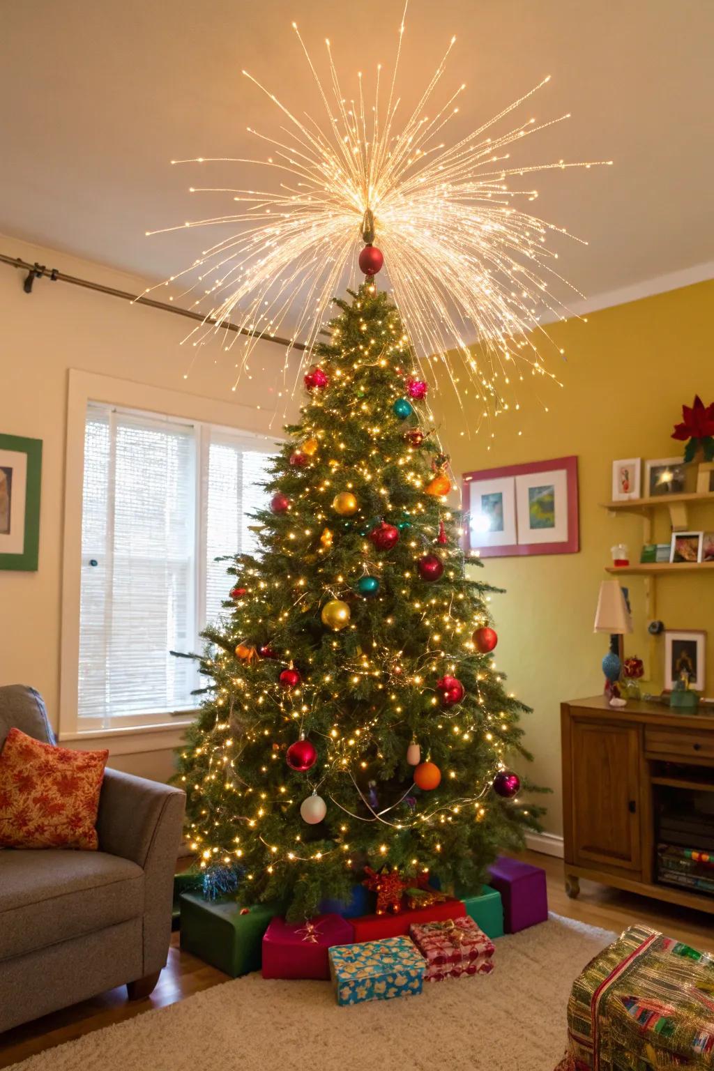 Celebratory radiance with a tinsel outburst.