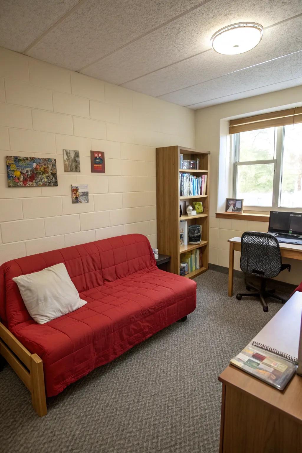 A bold red sofa energizes the neutral tones of this dorm room.