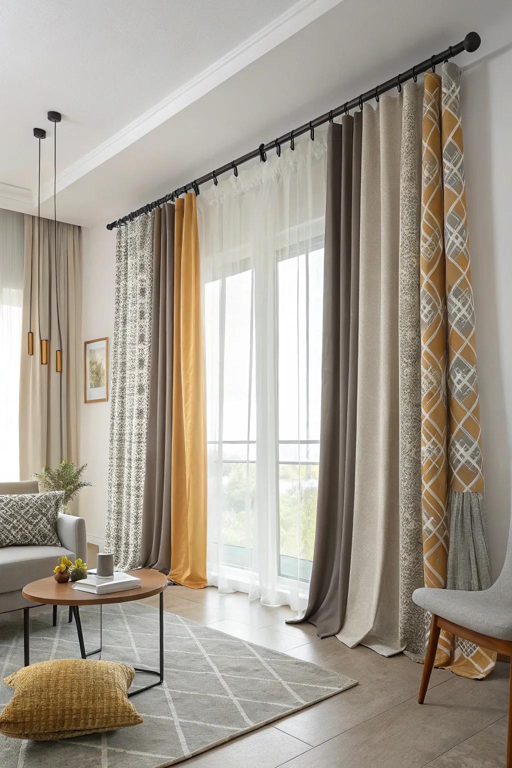 Contrasting curtain lengths adds visual interest.