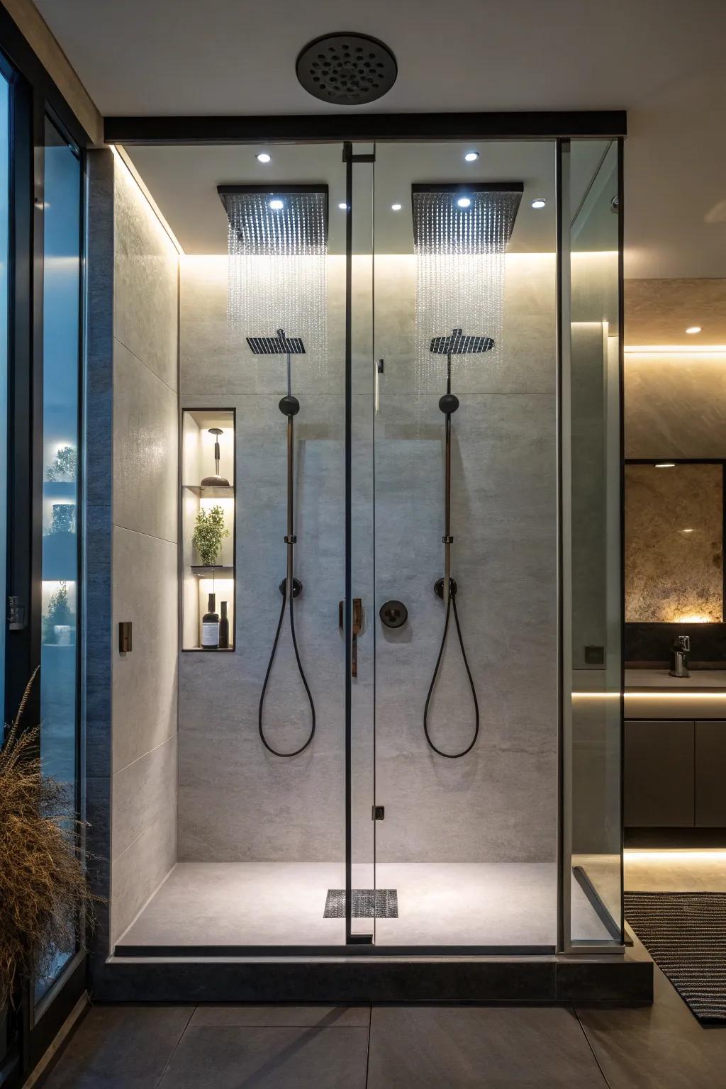 Set the perfect ambiance with adjustable lighting in your double shower.